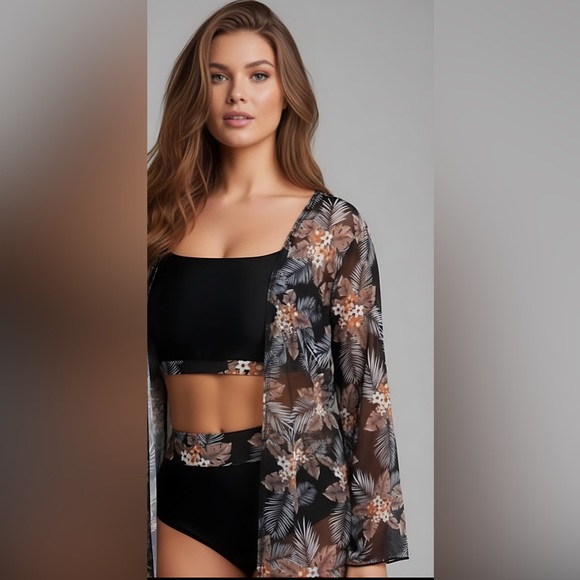 Tropical Print High Waist Bikini Swimsuit & Kimono - Picture 1 of 8